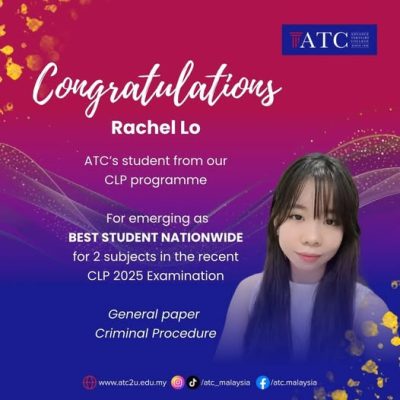 ATC congratulatory graphic celebrating Rachel Lo for being named Best Student Nationwide in two CLP 2025 Examination subjects.