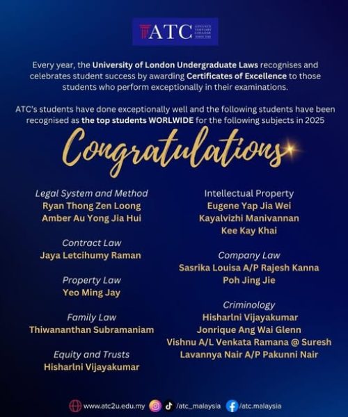 ATC School of Law congratulatory poster announcing University of London Undergraduate Laws Certificates of Excellence 2025, listing top students worldwide for subjects including Contract Law, Company Law, Intellectual Property, and Criminology.