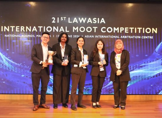 ATC moot team celebrating with trophies at the 21st LAWASIA International Moot Competition Malaysia National Rounds 2026, AIAC Kuala Lumpur