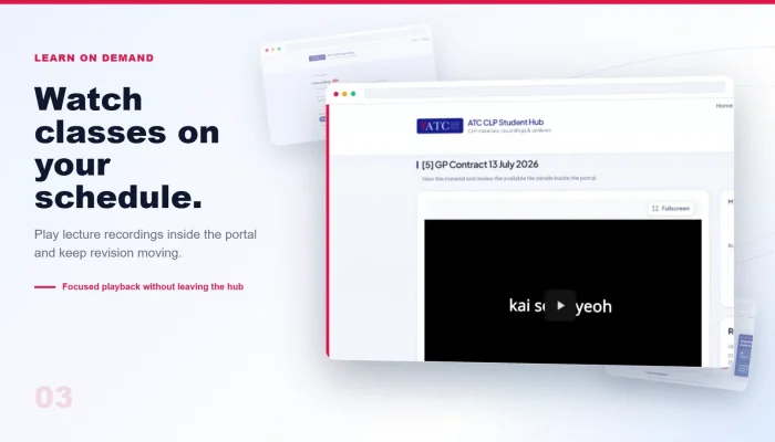 A recorded CLP class playing inside the student portal with a fullscreen control